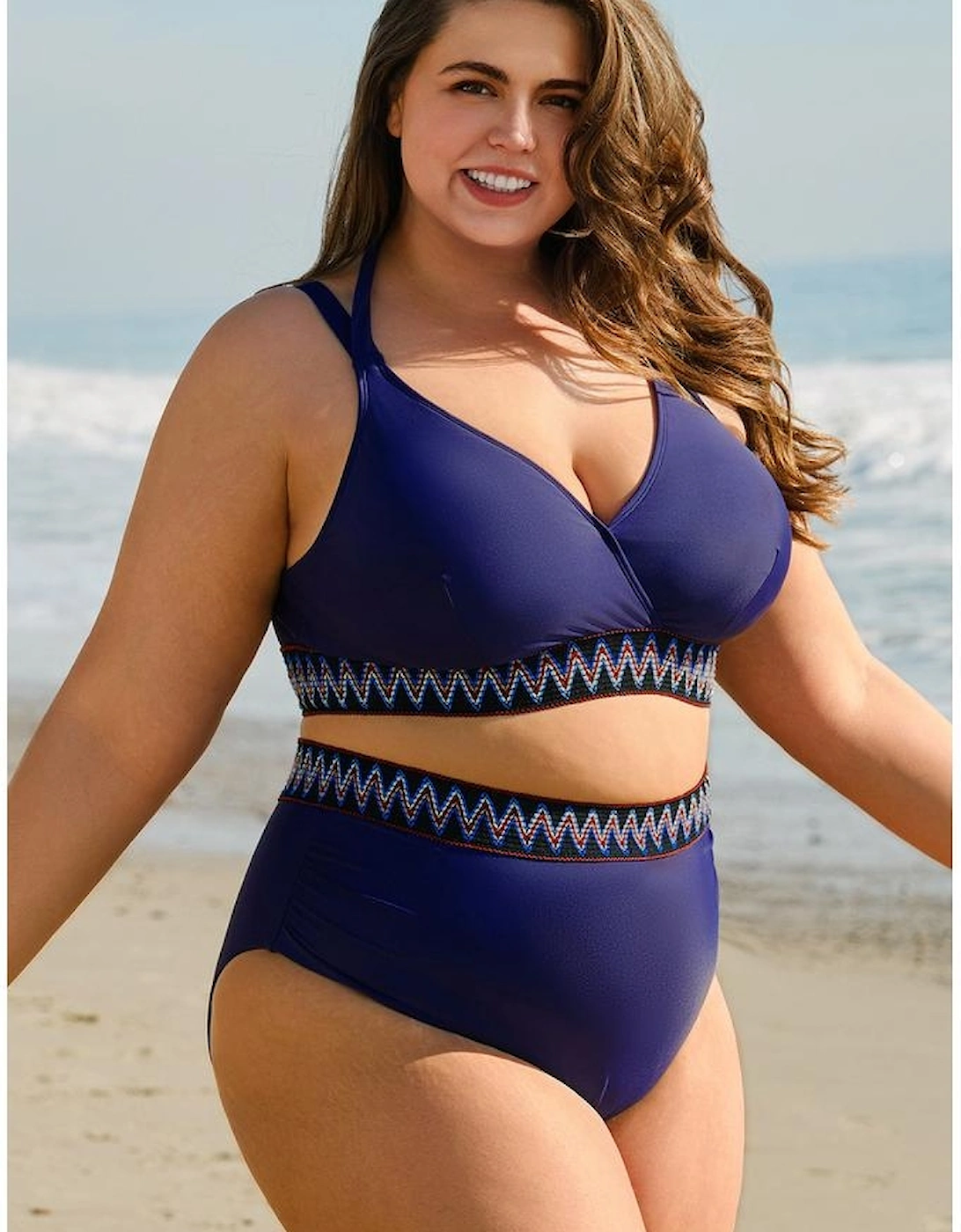 Navy Blue Embroidered Trim Wrap Tie Knot Plus Size High Waisted Bikini