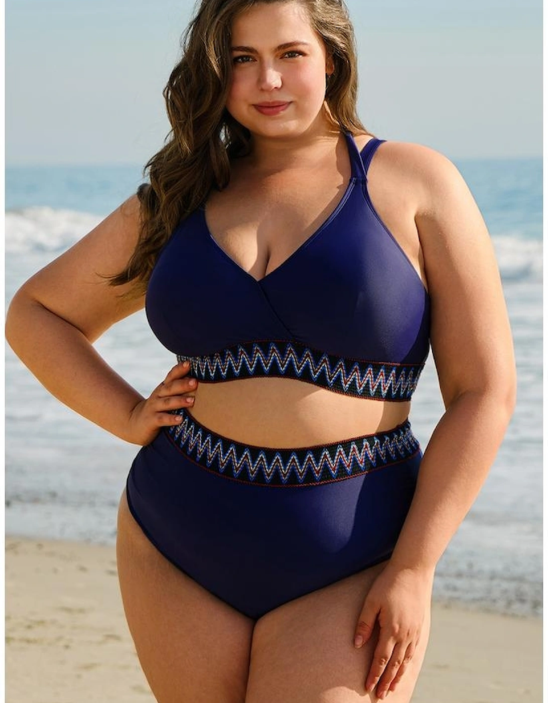 Navy Blue Embroidered Trim Wrap Tie Knot Plus Size High Waisted Bikini