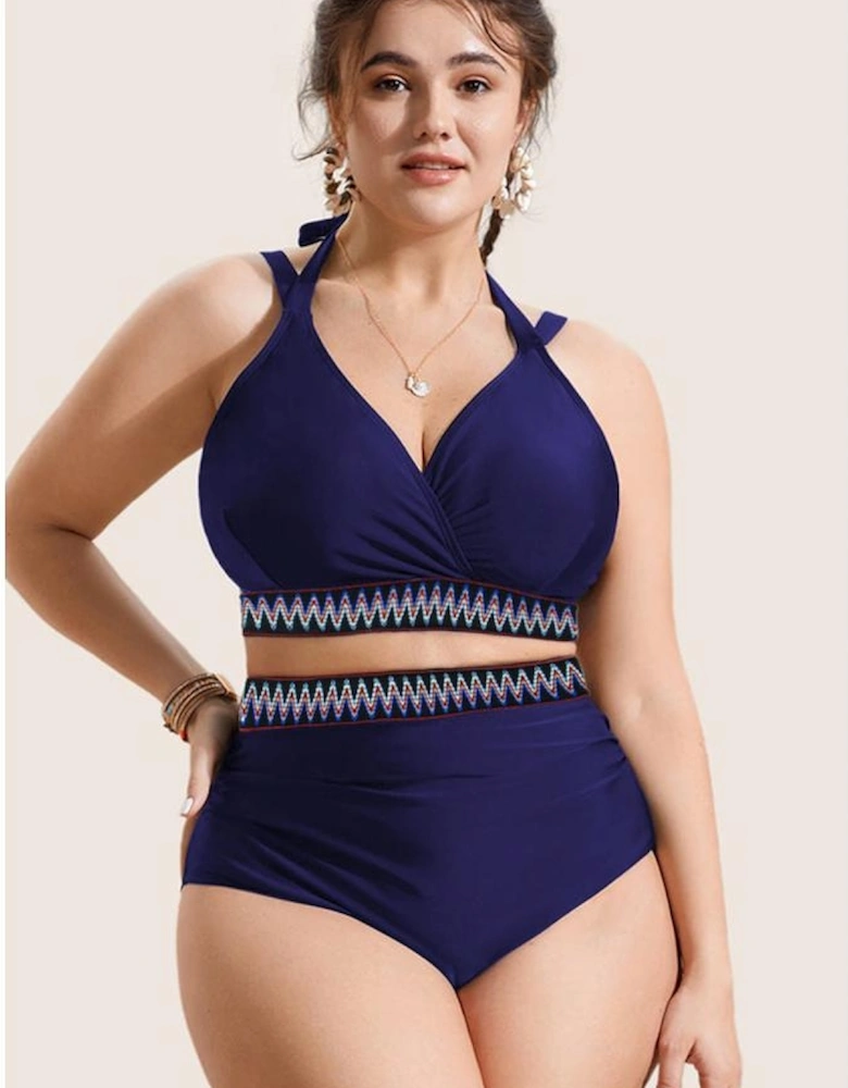 Navy Blue Embroidered Trim Wrap Tie Knot Plus Size High Waisted Bikini