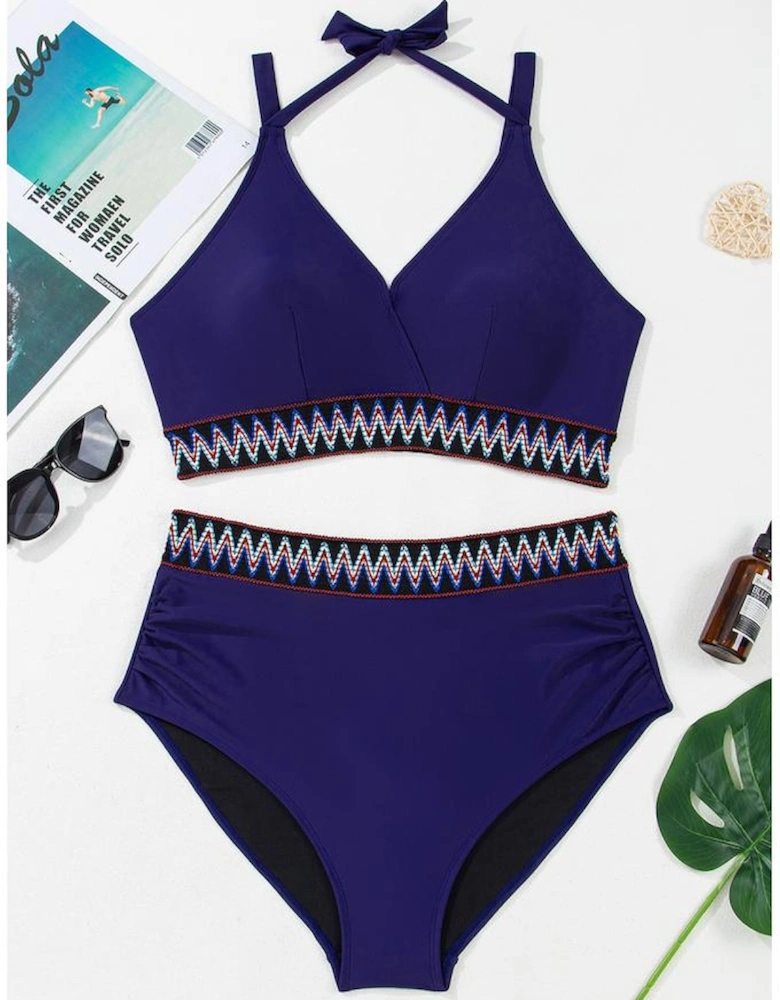 Navy Blue Embroidered Trim Wrap Tie Knot Plus Size High Waisted Bikini