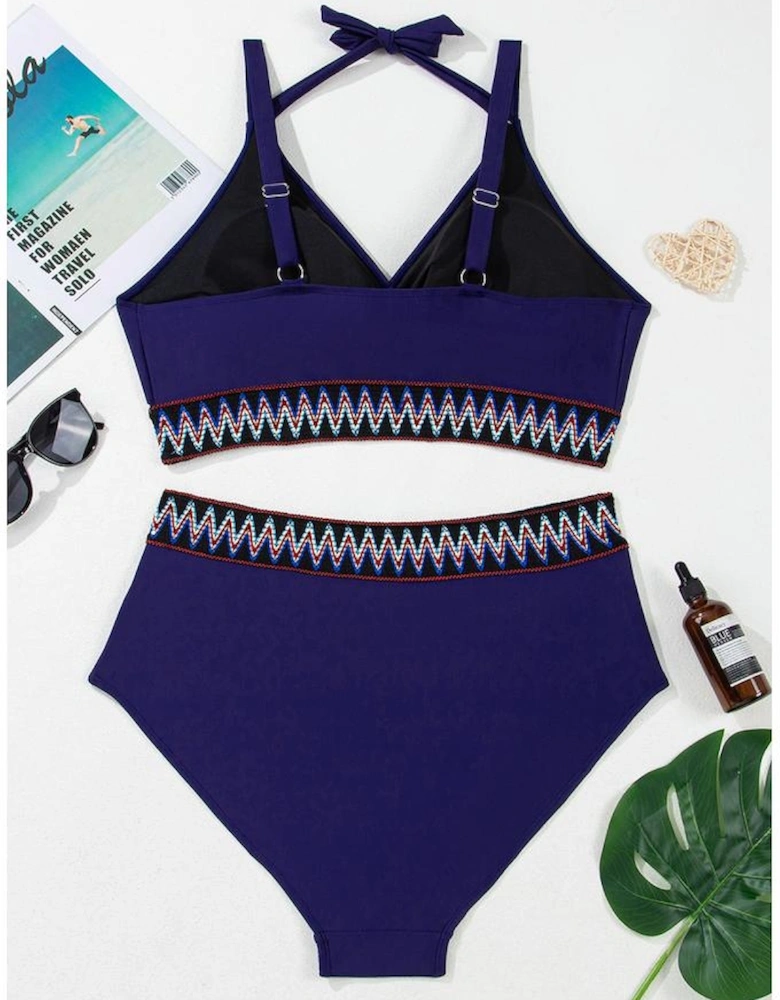 Navy Blue Embroidered Trim Wrap Tie Knot Plus Size High Waisted Bikini