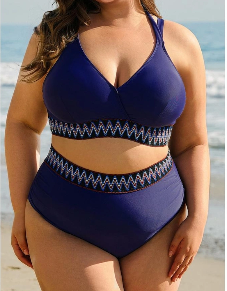 Navy Blue Embroidered Trim Wrap Tie Knot Plus Size High Waisted Bikini