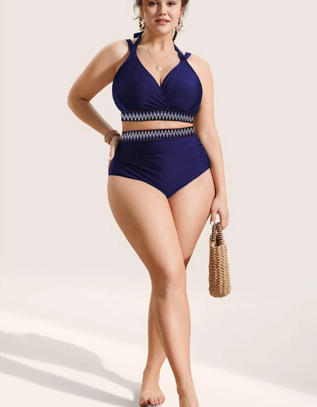 Navy Blue Embroidered Trim Wrap Tie Knot Plus Size High Waisted Bikini