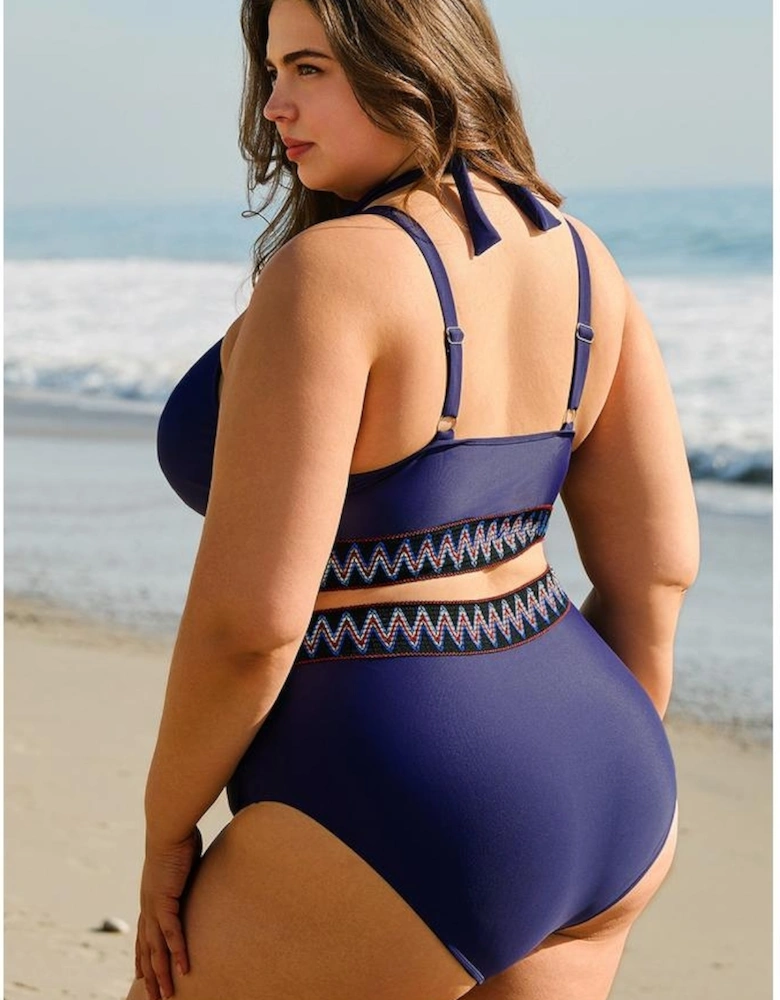 Navy Blue Embroidered Trim Wrap Tie Knot Plus Size High Waisted Bikini