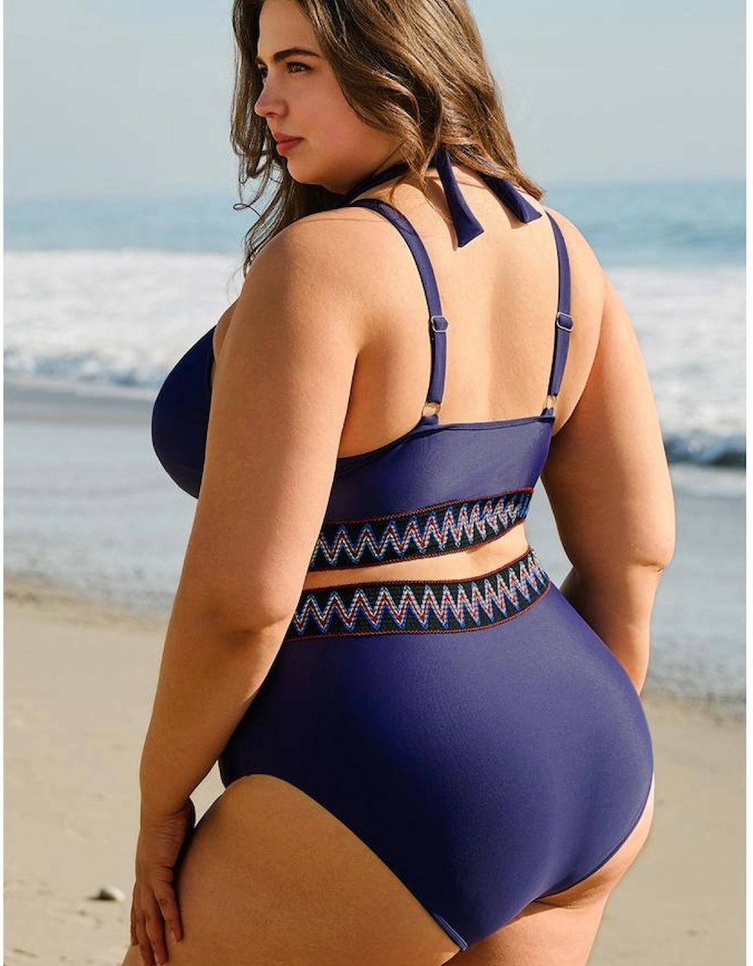 Navy Blue Embroidered Trim Wrap Tie Knot Plus Size High Waisted Bikini, 16 of 15