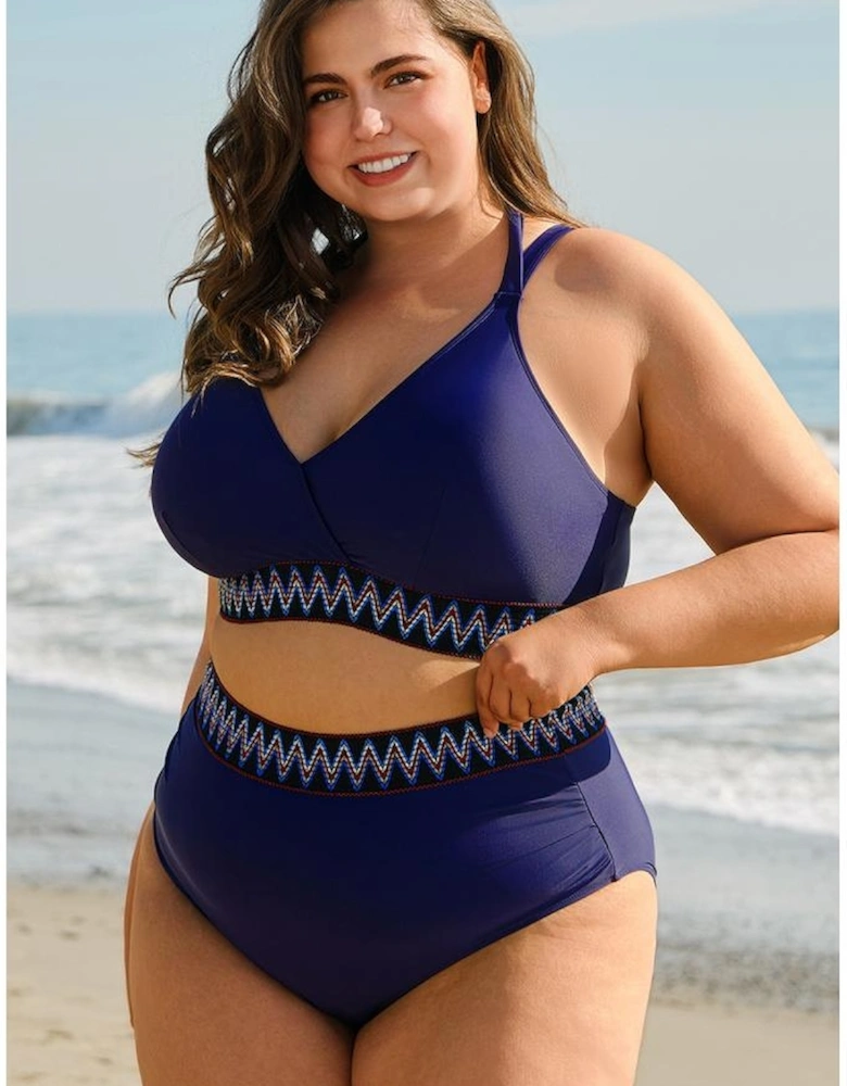 Navy Blue Embroidered Trim Wrap Tie Knot Plus Size High Waisted Bikini