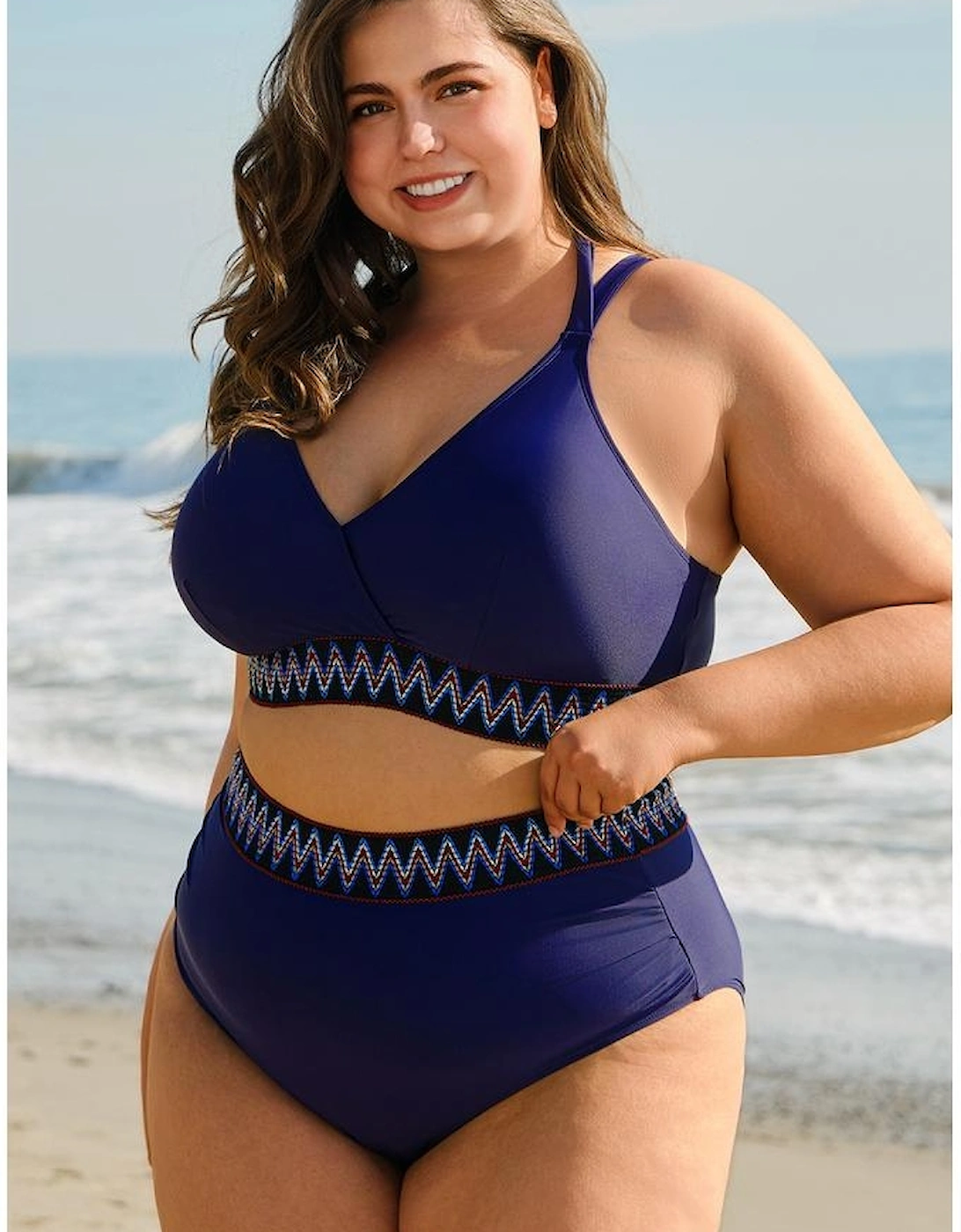 Navy Blue Embroidered Trim Wrap Tie Knot Plus Size High Waisted Bikini