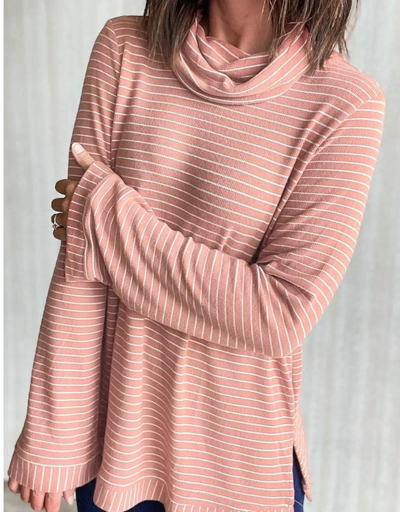 Pink Stripe Cowl Neck Side Slits Loose Fit Long Sleeve Top