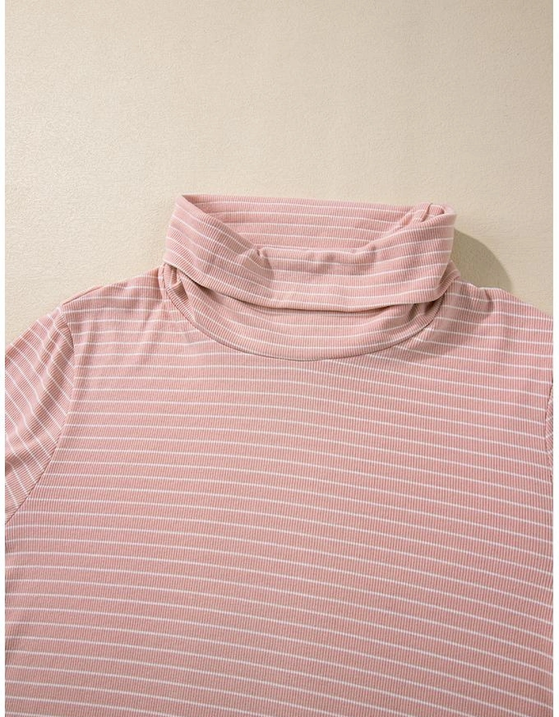 Pink Stripe Cowl Neck Side Slits Loose Fit Long Sleeve Top