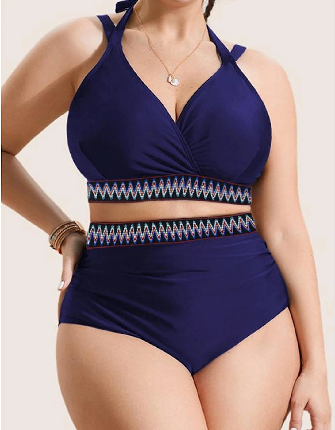 Navy Blue Embroidered Trim Wrap Tie Knot Plus Size High Waisted Bikini