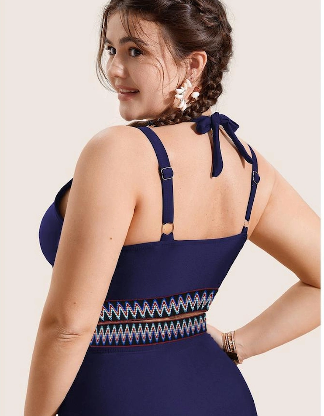 Navy Blue Embroidered Trim Wrap Tie Knot Plus Size High Waisted Bikini