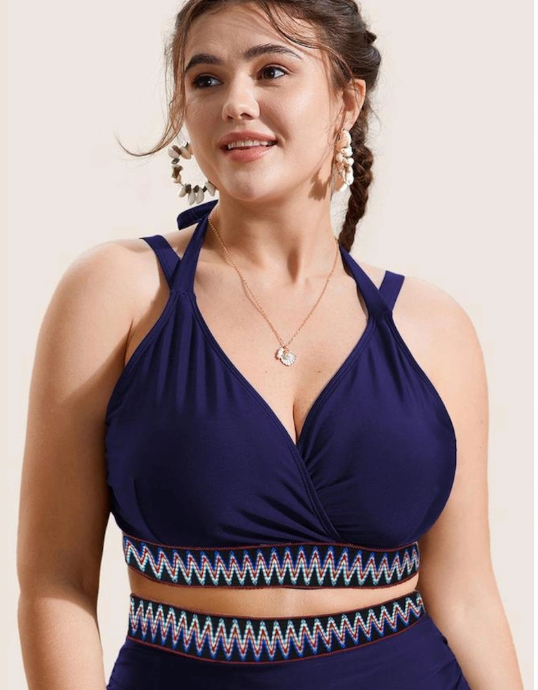 Navy Blue Embroidered Trim Wrap Tie Knot Plus Size High Waisted Bikini