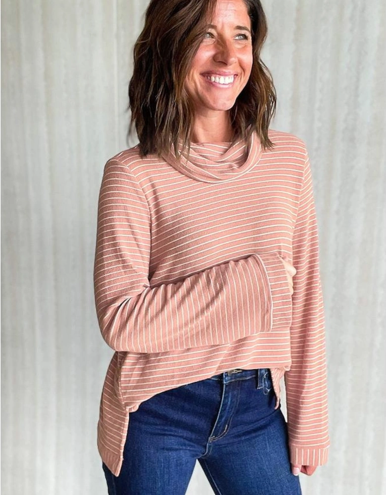 Pink Stripe Cowl Neck Side Slits Loose Fit Long Sleeve Top