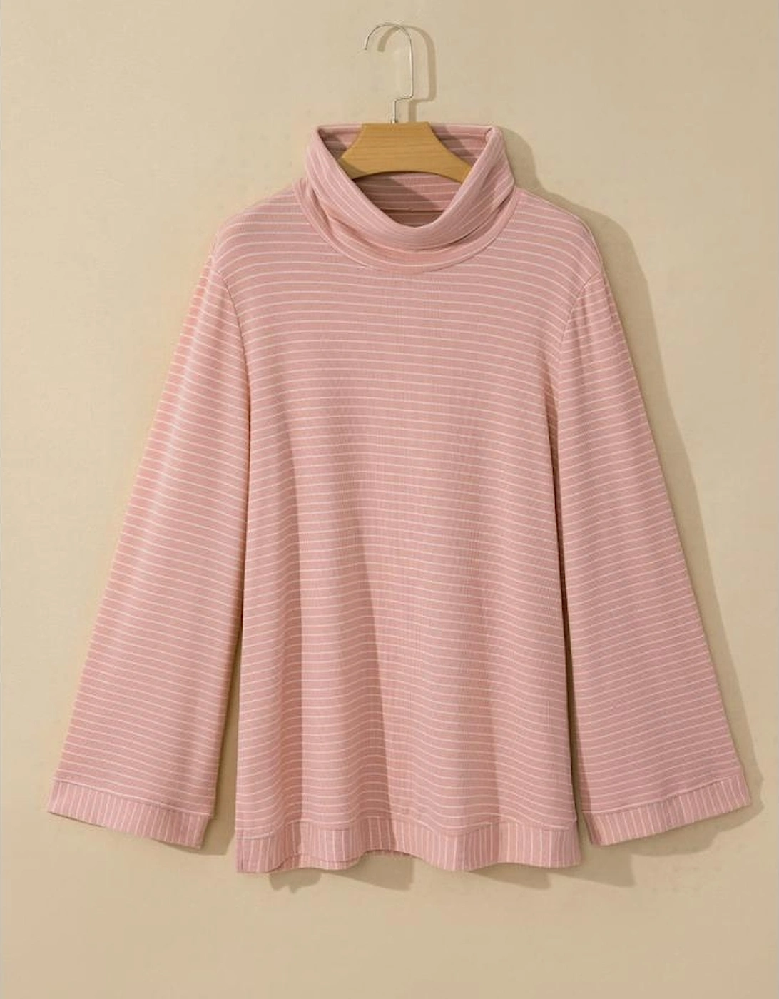 Pink Stripe Cowl Neck Side Slits Loose Fit Long Sleeve Top