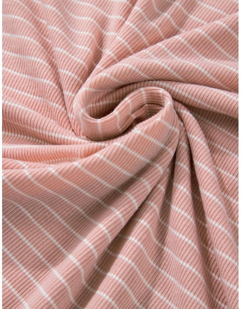Pink Stripe Cowl Neck Side Slits Loose Fit Long Sleeve Top