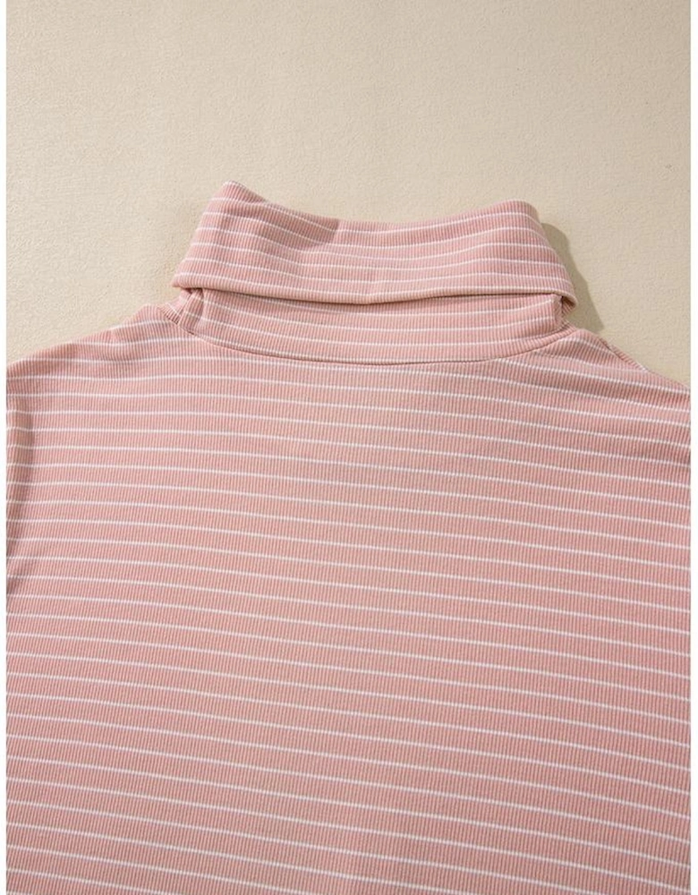 Pink Stripe Cowl Neck Side Slits Loose Fit Long Sleeve Top
