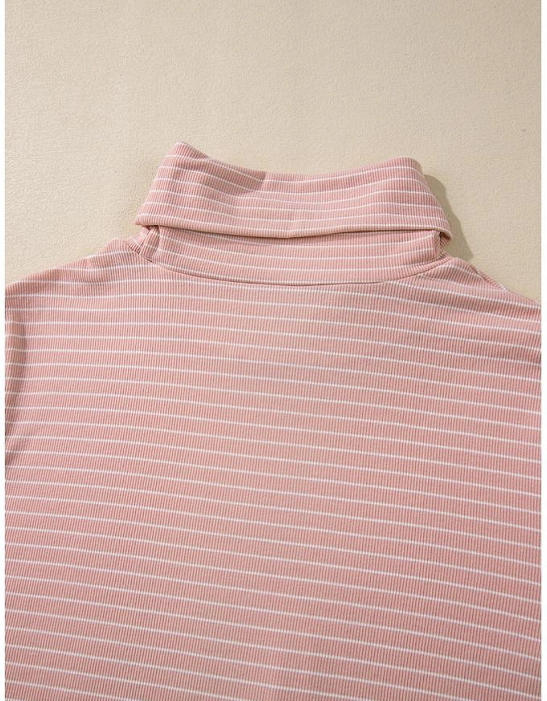 Pink Stripe Cowl Neck Side Slits Loose Fit Long Sleeve Top