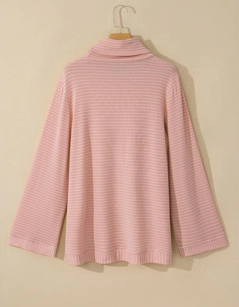 Pink Stripe Cowl Neck Side Slits Loose Fit Long Sleeve Top