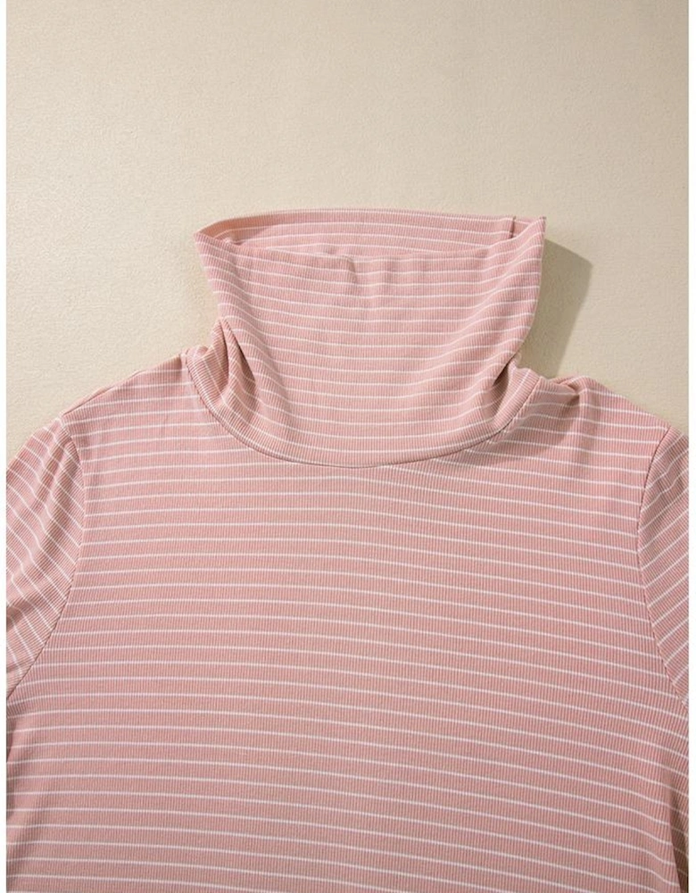 Pink Stripe Cowl Neck Side Slits Loose Fit Long Sleeve Top