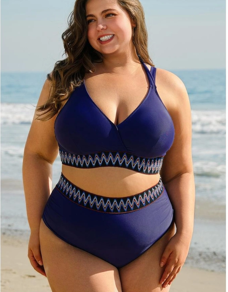 Navy Blue Embroidered Trim Wrap Tie Knot Plus Size High Waisted Bikini