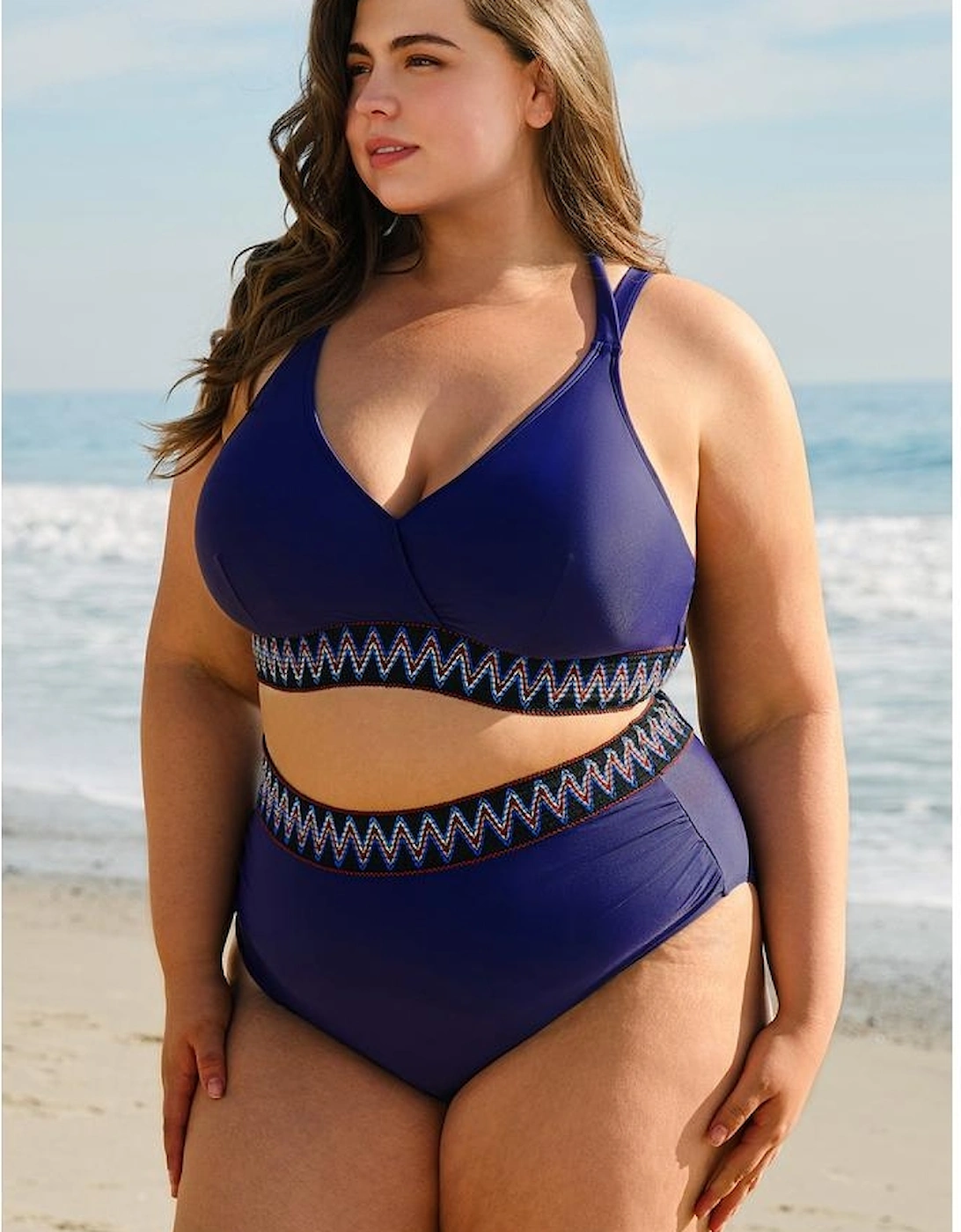 Navy Blue Embroidered Trim Wrap Tie Knot Plus Size High Waisted Bikini