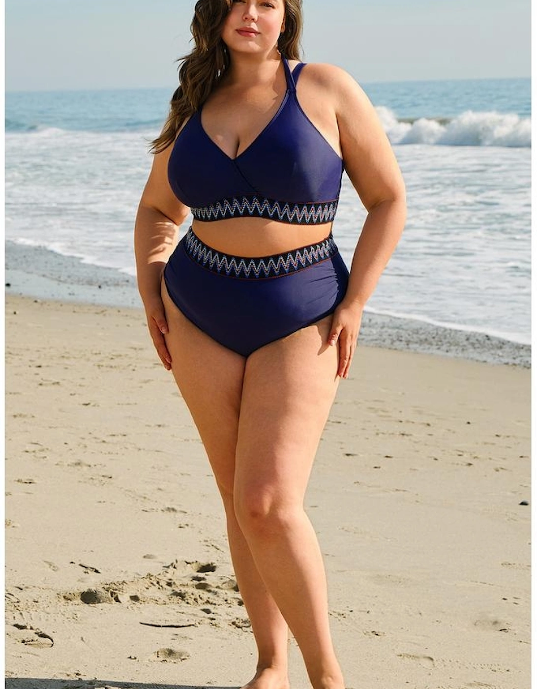 Navy Blue Embroidered Trim Wrap Tie Knot Plus Size High Waisted Bikini