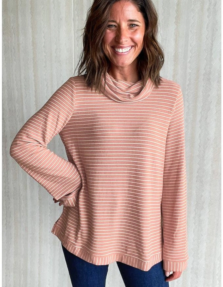 Pink Stripe Cowl Neck Side Slits Loose Fit Long Sleeve Top