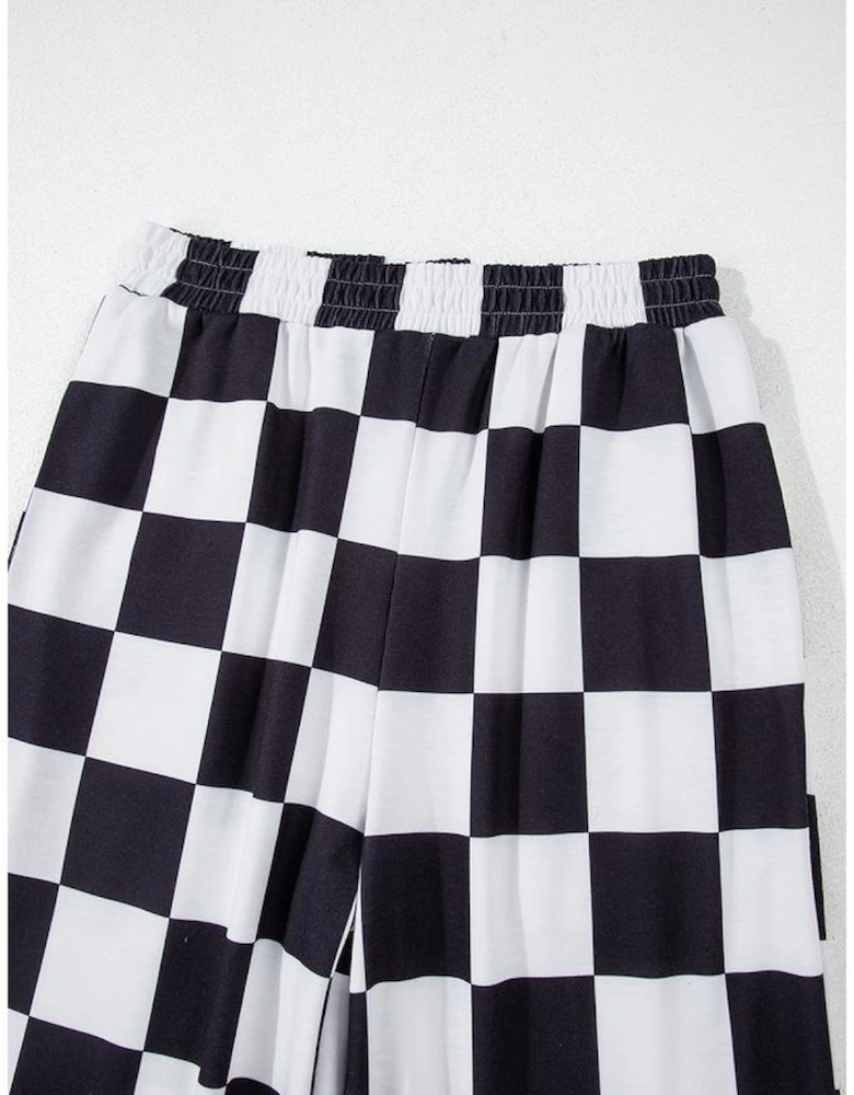 Black Checkerboard Elastic Waist Pocketed Joggers