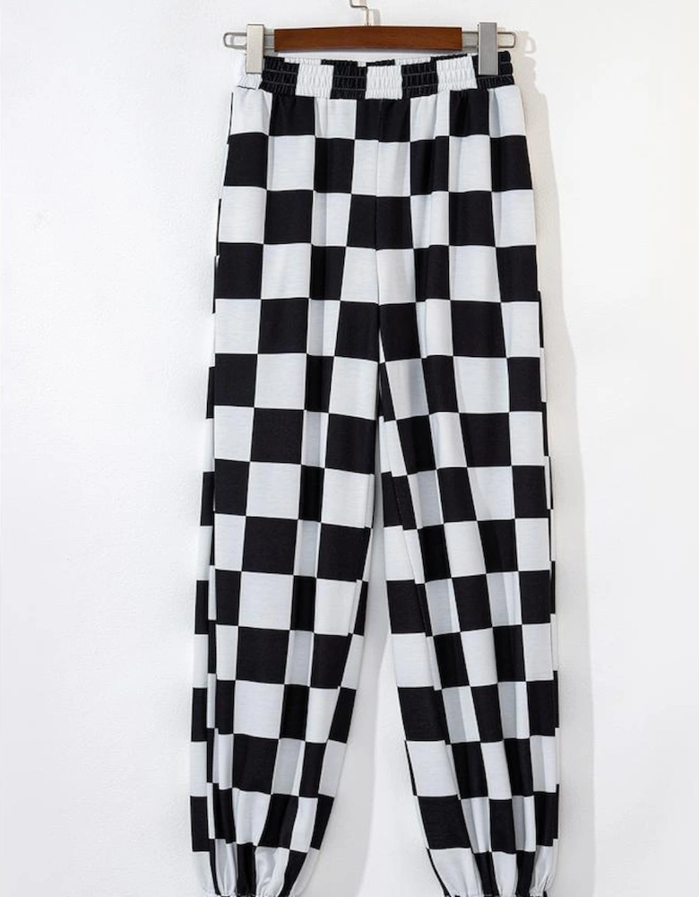 Black Checkerboard Elastic Waist Pocketed Joggers