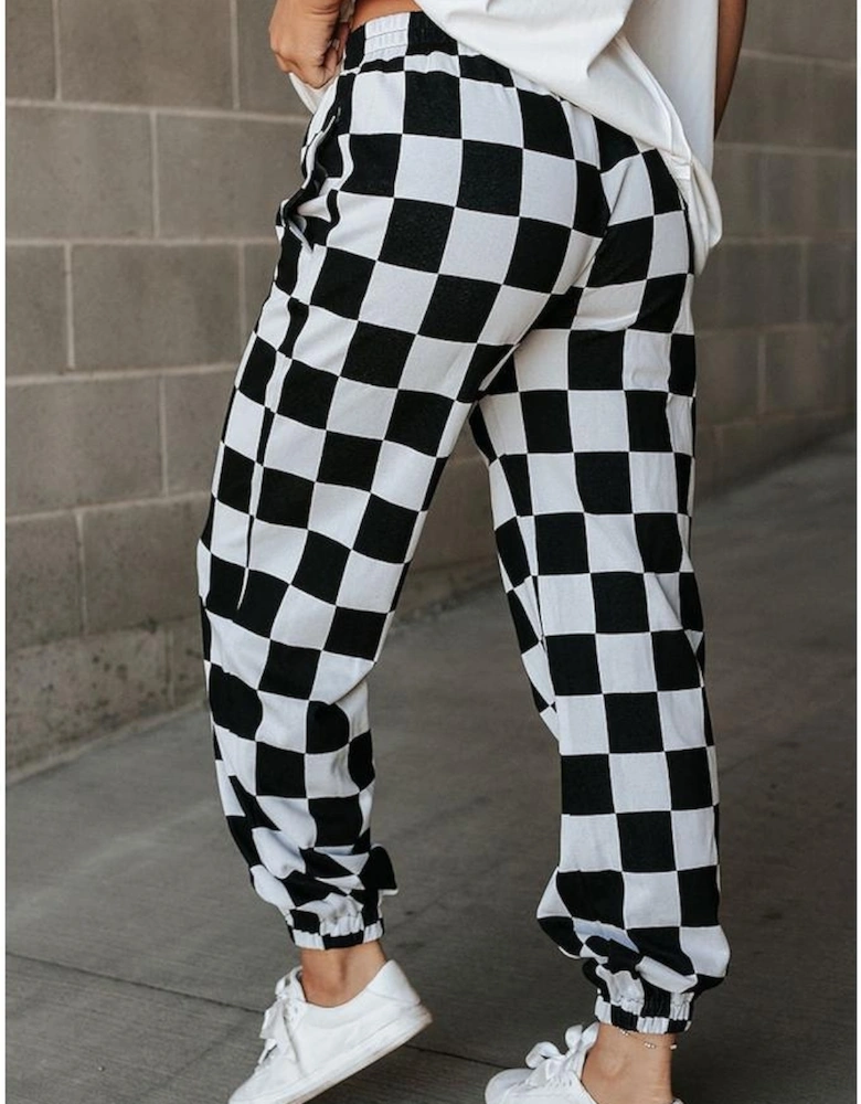 Black Checkerboard Elastic Waist Pocketed Joggers