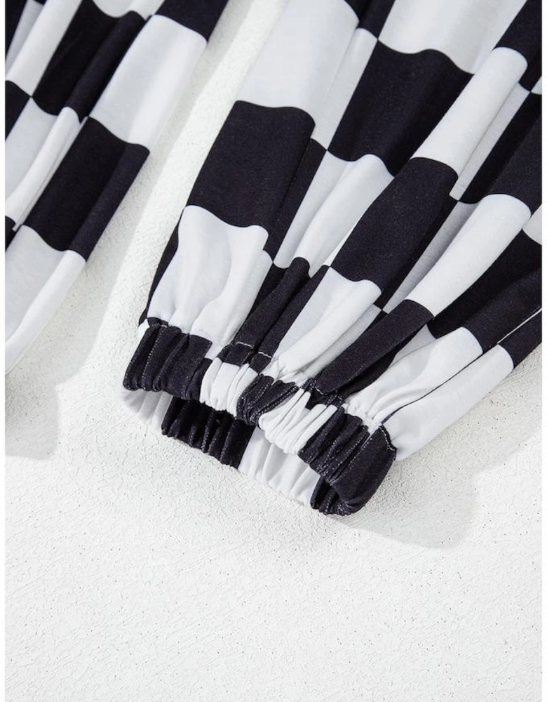Black Checkerboard Elastic Waist Pocketed Joggers