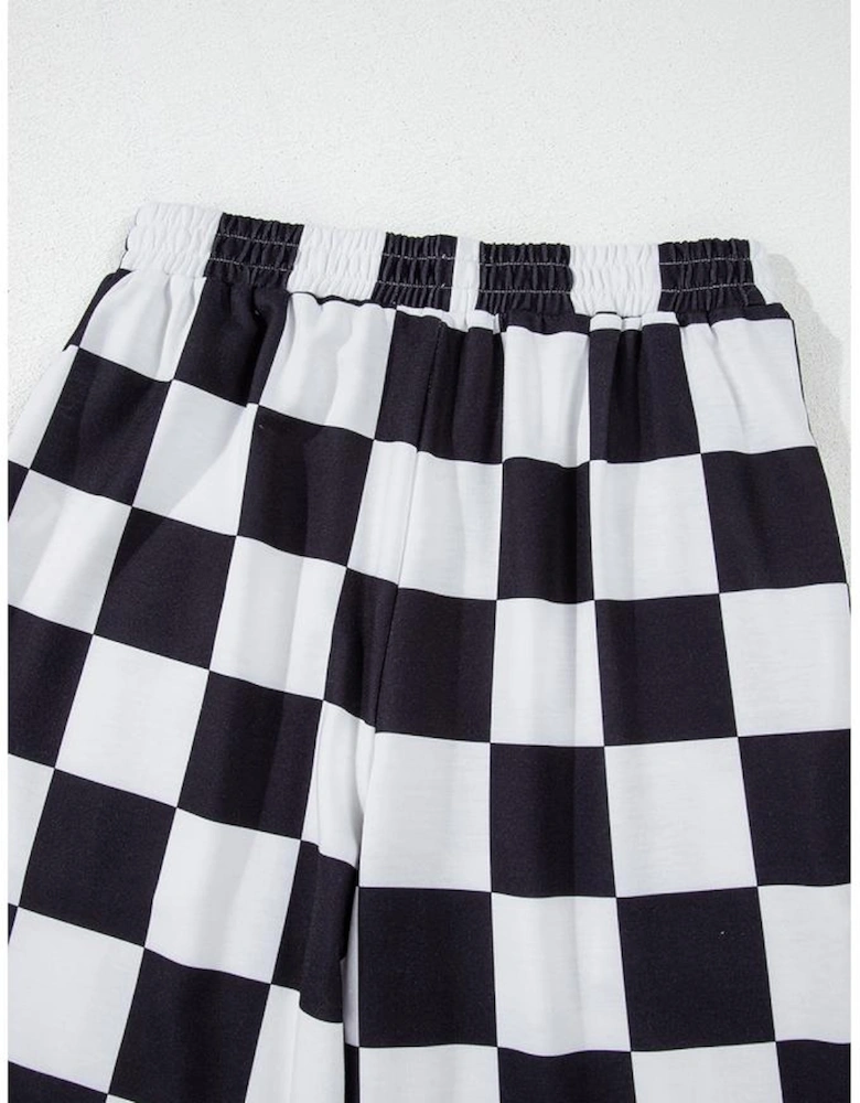 Black Checkerboard Elastic Waist Pocketed Joggers