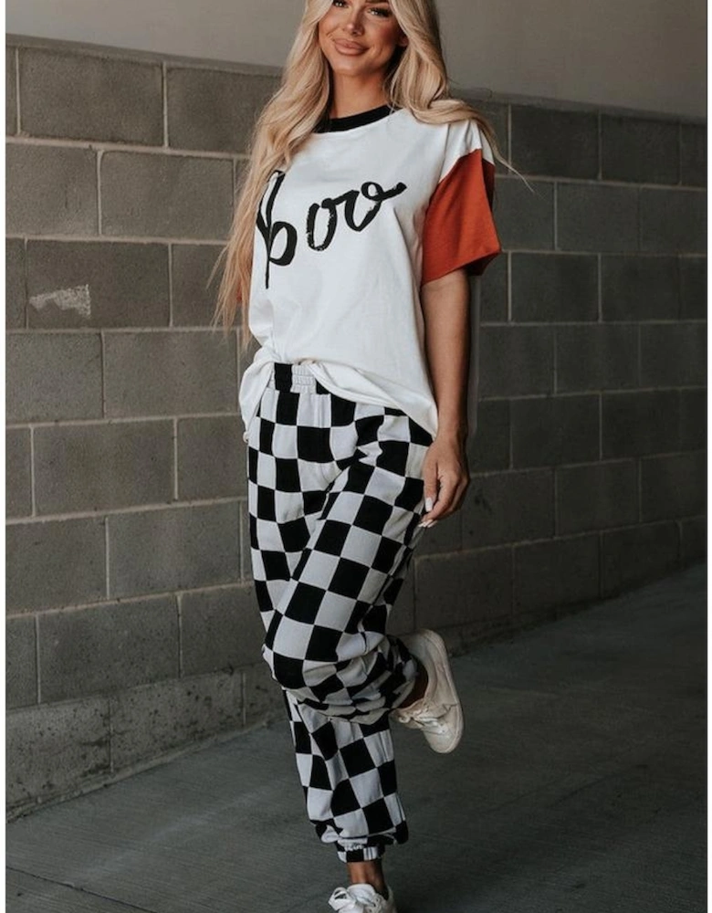 Black Checkerboard Elastic Waist Pocketed Joggers