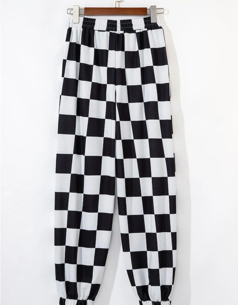 Black Checkerboard Elastic Waist Pocketed Joggers