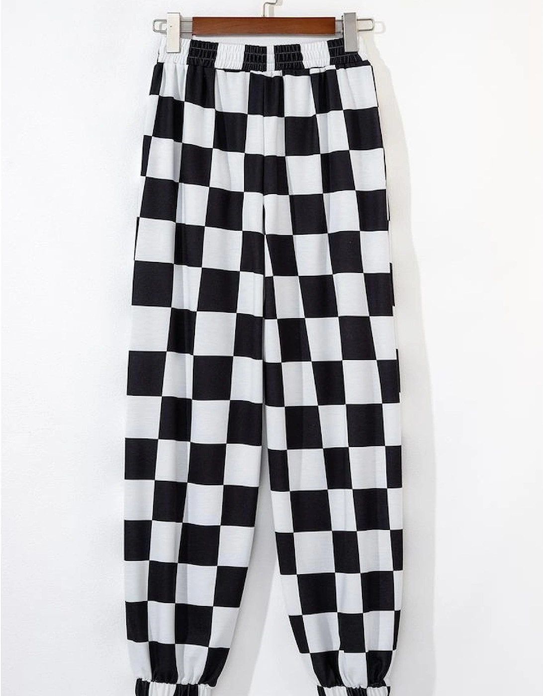Black Checkerboard Elastic Waist Pocketed Joggers