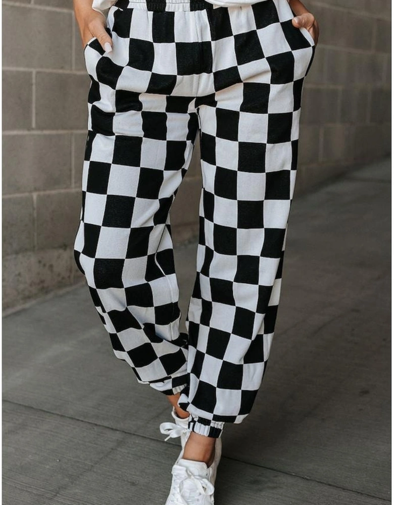 Black Checkerboard Elastic Waist Pocketed Joggers