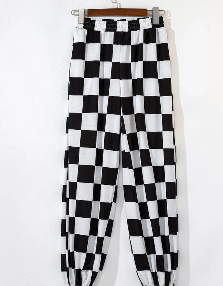 Black Checkerboard Elastic Waist Pocketed Joggers