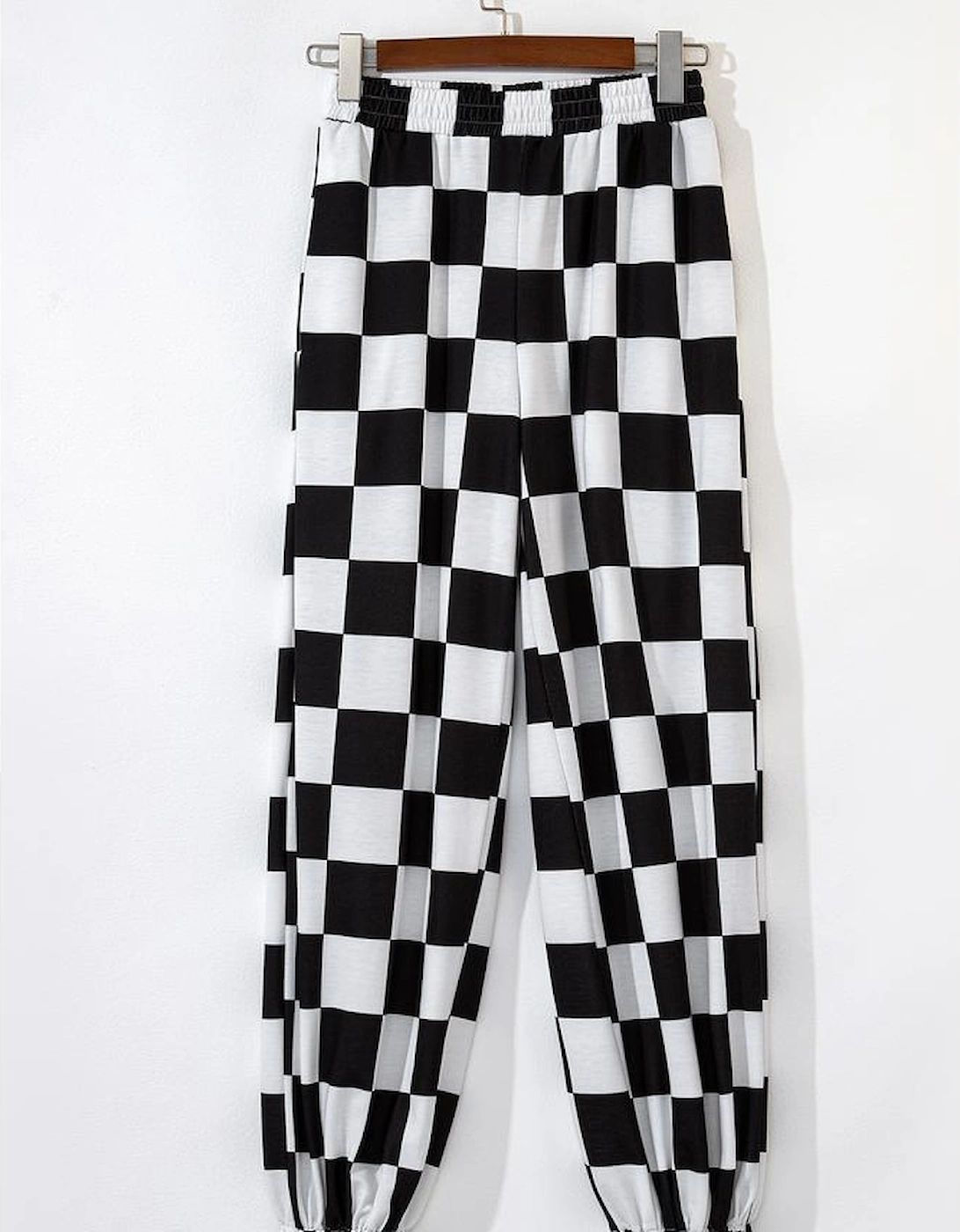 Black Checkerboard Elastic Waist Pocketed Joggers