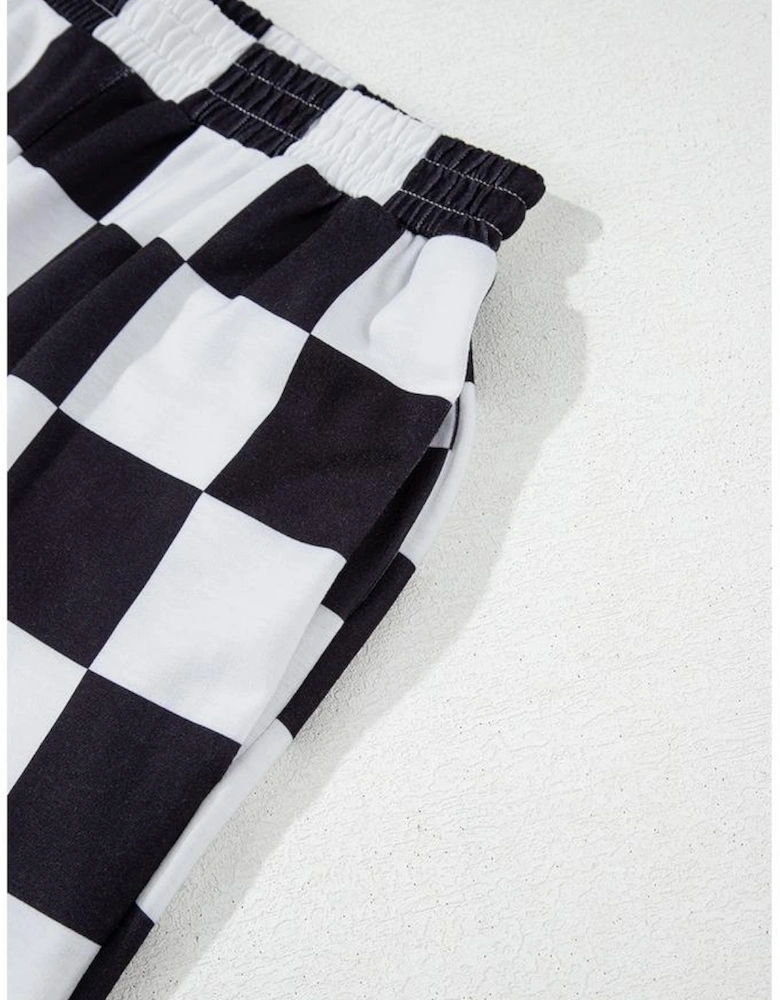 Black Checkerboard Elastic Waist Pocketed Joggers