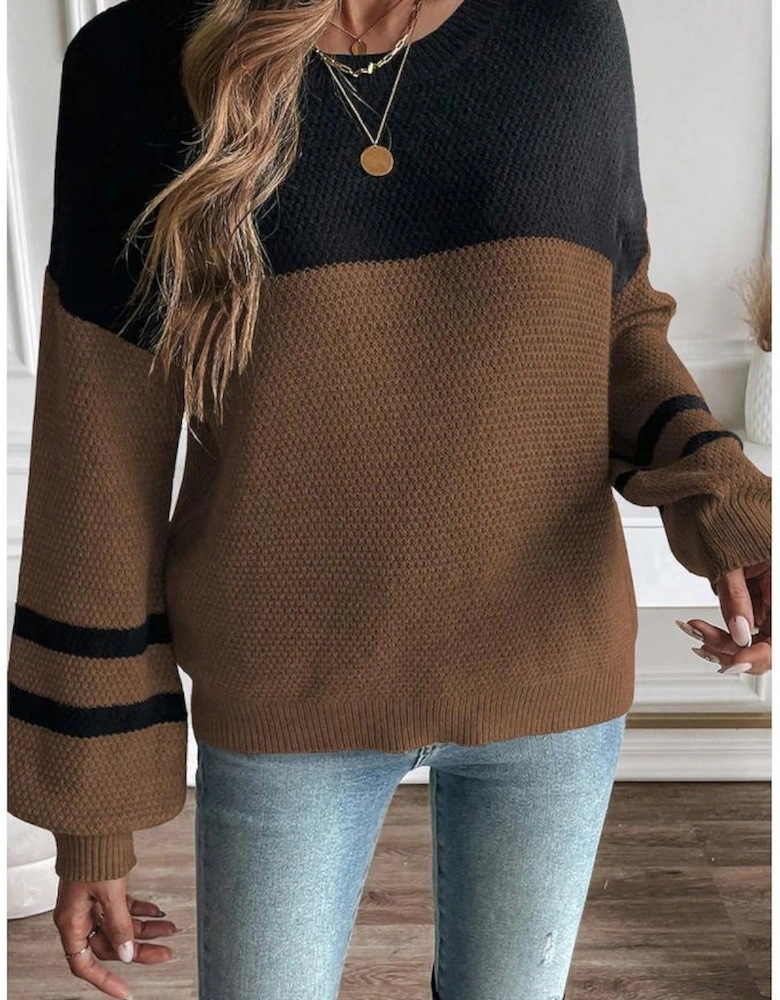 Dark Brown Color Block Knit Striped Sleeve Detail Casual Sweater