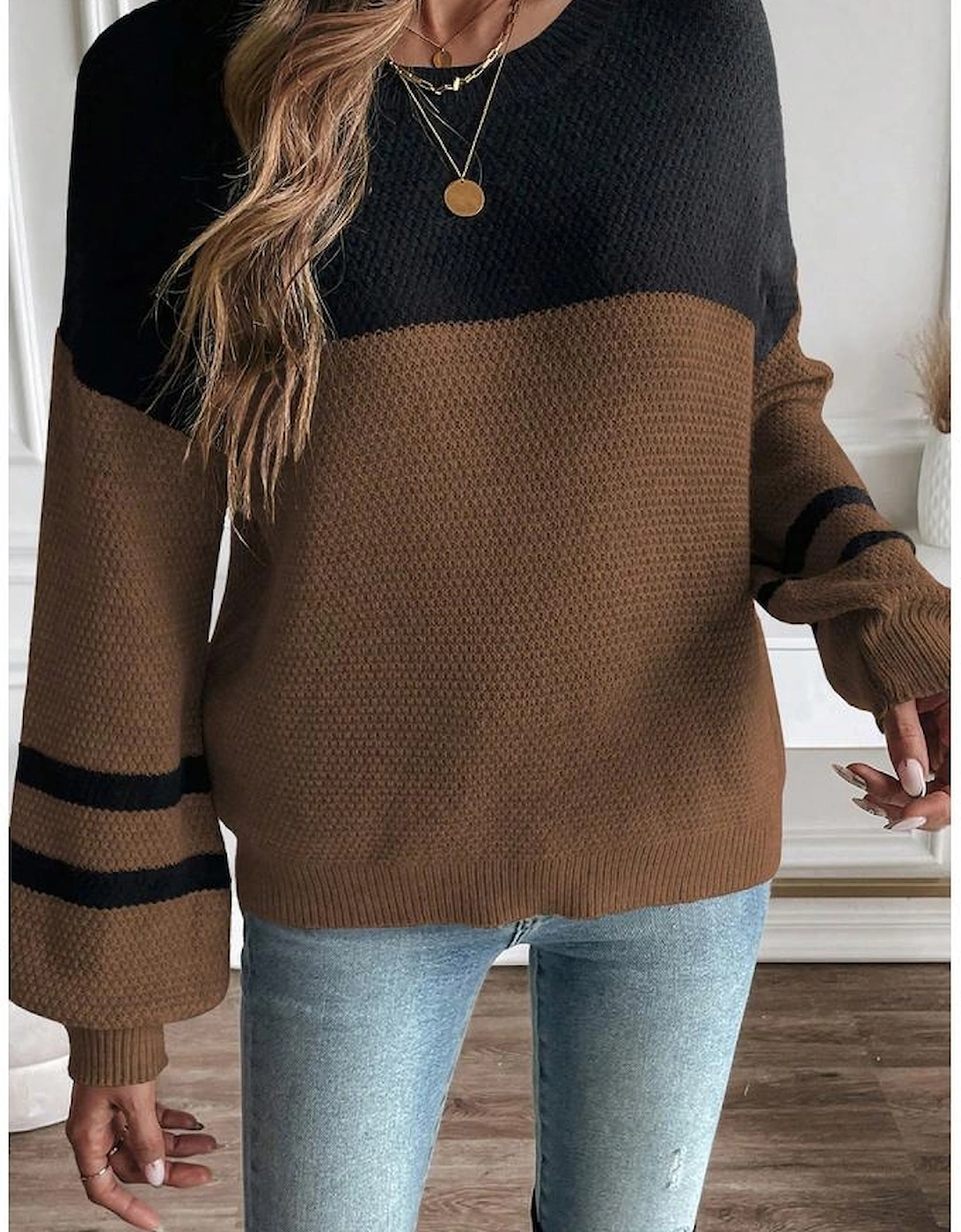 Dark Brown Color Block Knit Striped Sleeve Detail Casual Sweater