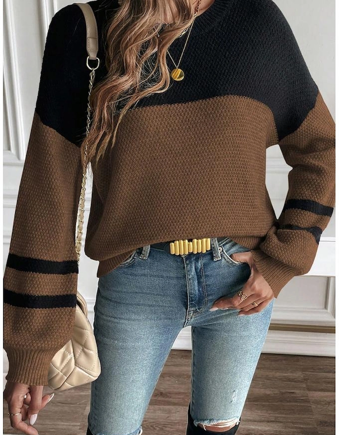 Dark Brown Color Block Knit Striped Sleeve Detail Casual Sweater