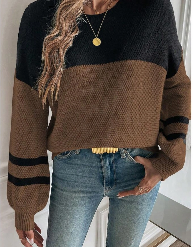 Dark Brown Color Block Knit Striped Sleeve Detail Casual Sweater