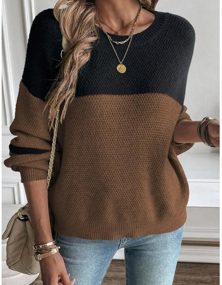 Dark Brown Color Block Knit Striped Sleeve Detail Casual Sweater