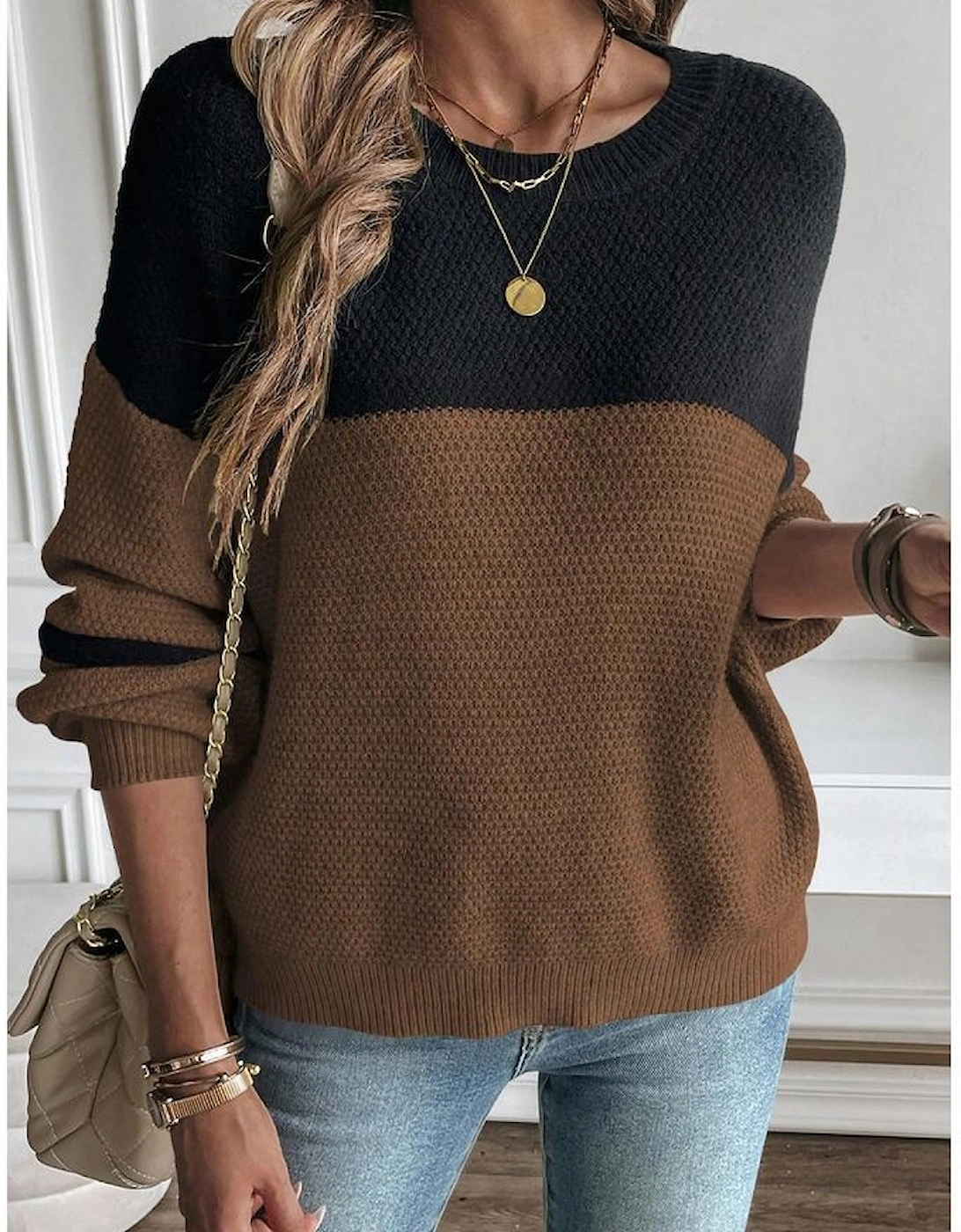 Dark Brown Color Block Knit Striped Sleeve Detail Casual Sweater
