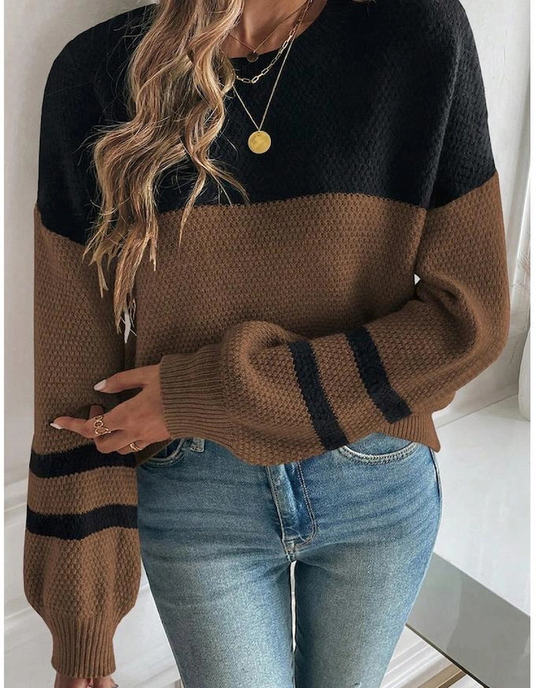 Dark Brown Color Block Knit Striped Sleeve Detail Casual Sweater