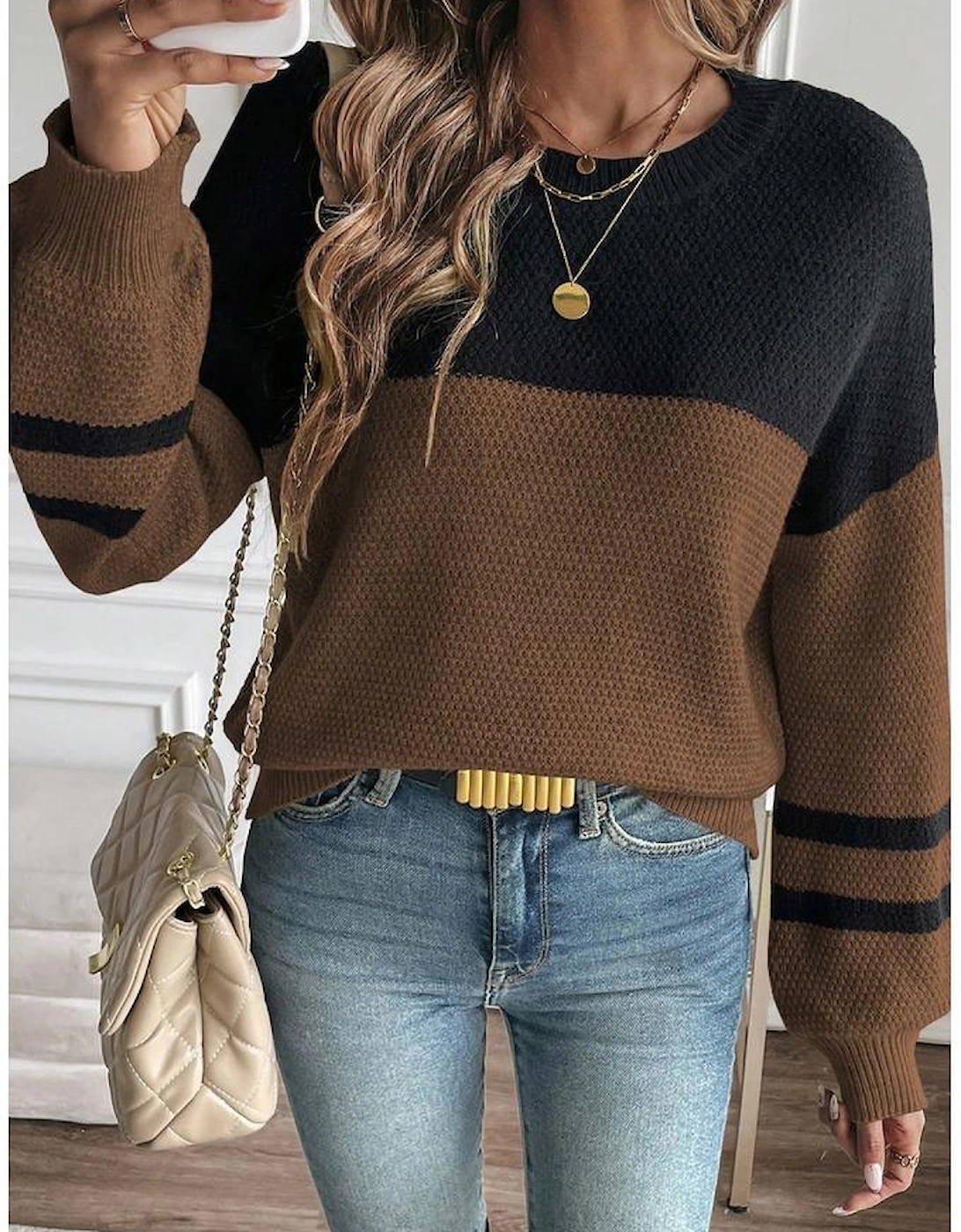 Dark Brown Color Block Knit Striped Sleeve Detail Casual Sweater