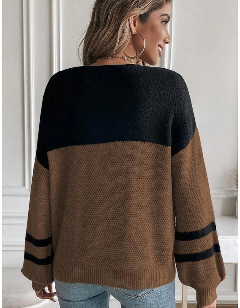 Dark Brown Color Block Knit Striped Sleeve Detail Casual Sweater