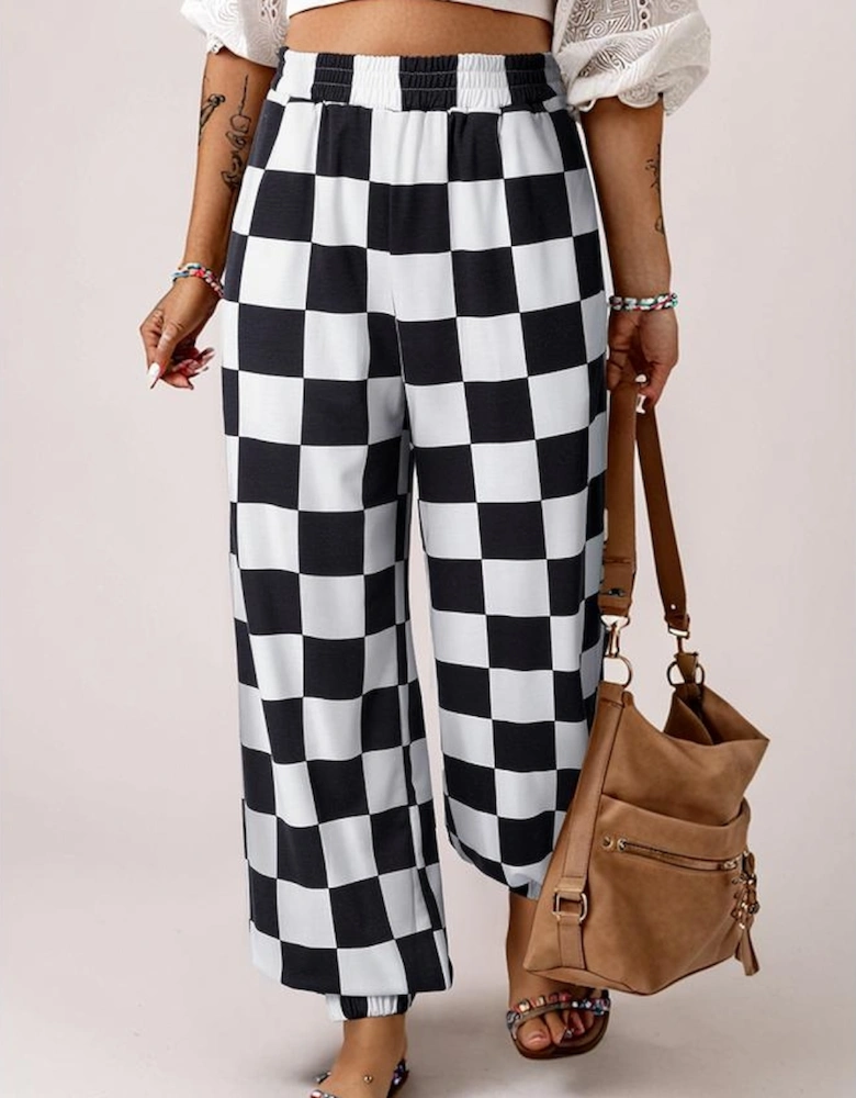 Black Checkerboard Elastic Waist Pocketed Joggers