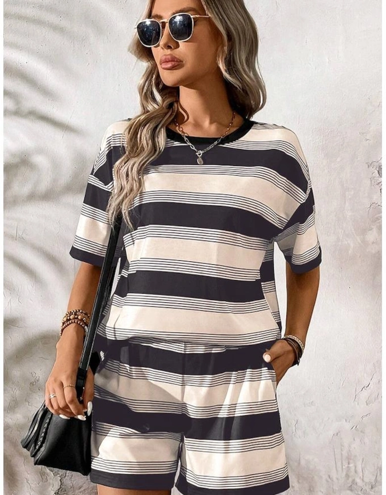 Black Stripe Short Sleeve T Shirt and High Waist Pocketed Shorts Set